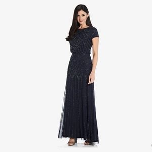 Adrianna Papell Short Sleeve Blouson Beaded Gown In Navy - Size:10